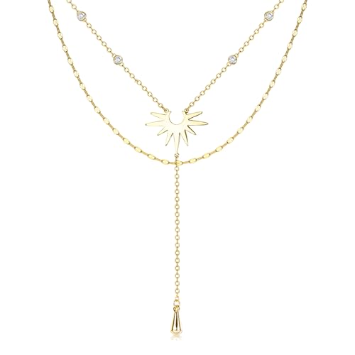 Dochais Dainty Gold Layered Necklace for Women, 14K Gold Plated Y Necklace & Chain, Dainty Lariat Long Necklaces, Trendy Cubic Zirconia Choker, Sun, Heart, Pearl & Cross Pendant Necklace, Jewelry Gift - color: Y Layered CZ Drop Glossy Sun Lariat-GD