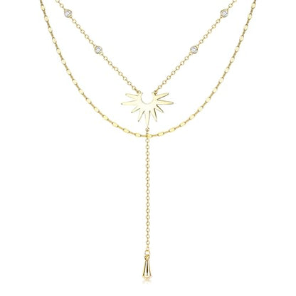 Dochais Dainty Gold Layered Necklace for Women, 14K Gold Plated Y Necklace & Chain, Dainty Lariat Long Necklaces, Trendy Cubic Zirconia Choker, Sun, Heart, Pearl & Cross Pendant Necklace, Jewelry Gift - color: Y Layered CZ Drop Glossy Sun Lariat-GD