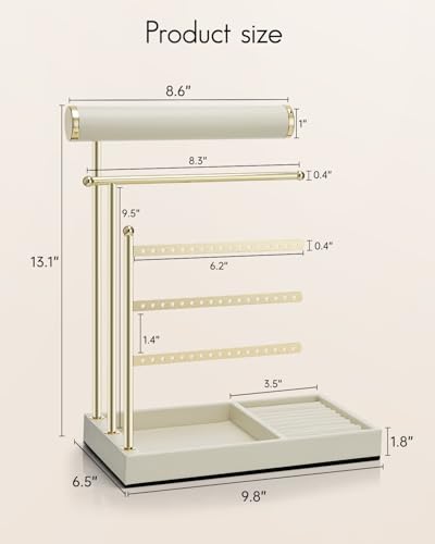 VLANDO Jewelry Stand Organizer with Ring Holder Tray, Necklace and Earring Storage for Bracelets, Watches and Rings, PU Leather Covered Wooden Tray with Gold Metal Frame - Beige - color: Cloud White
