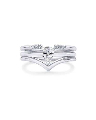 PAVOI 14K Gold Plated Cubic Zirconia & Opal Stackable Rings for Women | Classy Stacking Band with Gemstones, Everyday Jewelry - color: White Gold, size: 5, style: Teardrop CZ