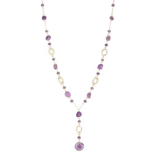 FULU AUTUMN Long Gold Beaded Necklaces for Women Natural Stone Bead Statement Pendant Necklace Y Sweater Chain Fashion Jewelry Gifts - color: Amethyst