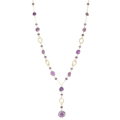FULU AUTUMN Long Gold Beaded Necklaces for Women Natural Stone Bead Statement Pendant Necklace Y Sweater Chain Fashion Jewelry Gifts - color: Amethyst