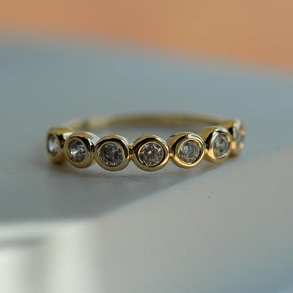 espere Womens Bezel Set Wedding Band | 14K Gold Plated Round Cut CZ Half Eternity Wedding Ring - color: Yellow Gold; Half Eternity Bezel Set