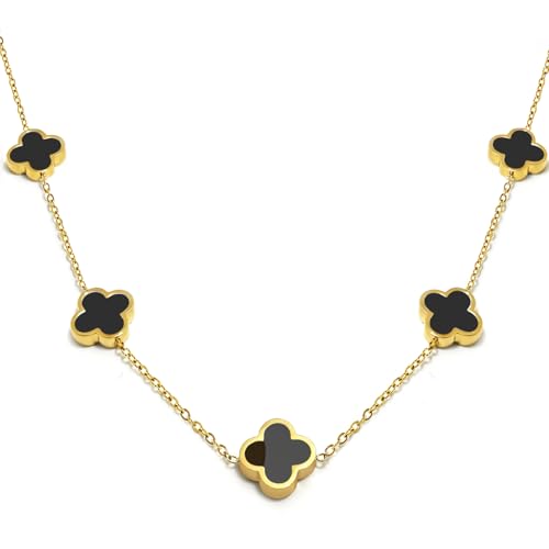 Four Leaf Clover Necklace 18K Gold Plated Necklaces for Women Lucky Flower Pendant Adjustable Link Chain Stainless Steel Dainty Trendy Simple Jewelry Gifts for Women - color: 5G-Black