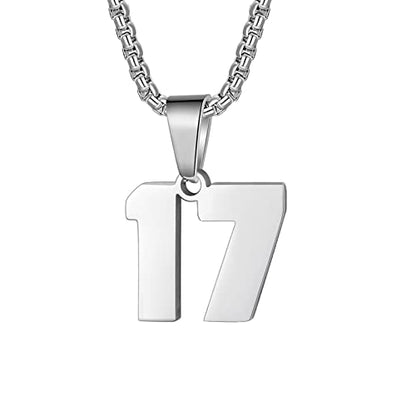 Susook Number Necklace for Boy Black Athletes Number Stainless Steel Chain 00-99 Number Charm Pendant Personalized Sports Jewelry for Men Basketball Baseball Football - color: Silver, style: 17