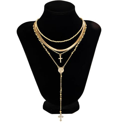 Layered Cross Necklace Set for Women, Layered Choker Necklaces Trendy Jewelry, Colorful Enamel Beaded Y-Shaped Lariat Necklace, Boho Multilayer Cross Necklace for Party and Daily Wear - color: Gold-01