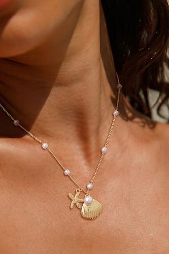 Shell Starfish Charm for Women, Dainty Layered 14K Gold Plated Seashell Conch Starfish Pearl Pendant Necklace for Women Stack Trendy Beach Cuban Link CZ Chain Necklace Summer Vacation Jewelry - color: Shell Starfish Pearl Necklace