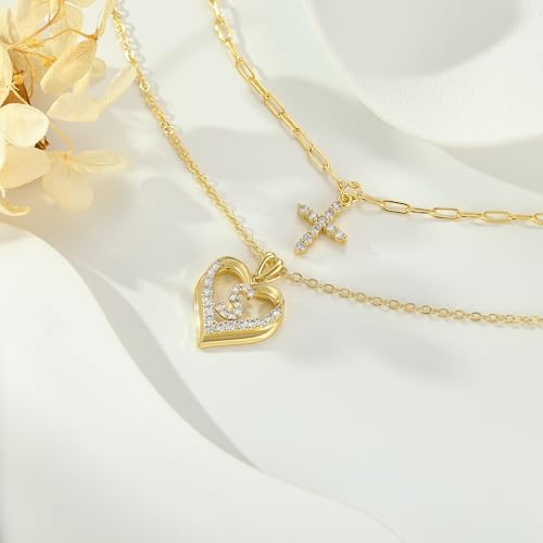 14K Gold Plated Layering Necklaces,Heart Initial Layered Necklace Cross Pendant Necklace Charm Personalized Stackable Jewelry Gift for Her - style: N