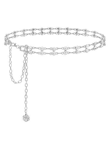 Women Rhinestone Crystal Waist Belts for Dress Adjustable Ladies Metal Chain Belts - size: 135CM/53.1IN, style: Silver-B