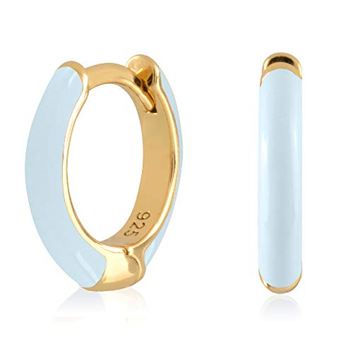 14K Gold Plated Sterling Silver Enamel Color Huggie Hoop Earrings for Women – Wide Range of Vibrant Color Options Available - color: Blue ( Light )