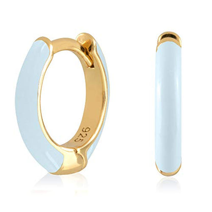 14K Gold Plated Sterling Silver Enamel Color Huggie Hoop Earrings for Women – Wide Range of Vibrant Color Options Available - color: Blue ( Light )
