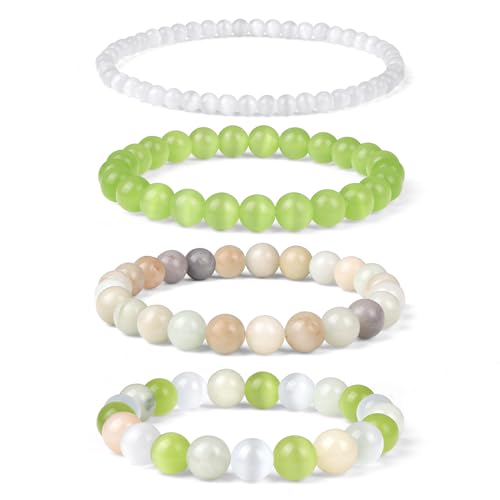 Vinswet 4pcs Beaded Bracelets for Women,Natural Healing Crystal Gemstones Bracelet,Anxiety Stress Relief Bracelet Handmade purple Jewelry Gifts for Women - color: Cat Eyes&Cyan cat eyes&Amazonite