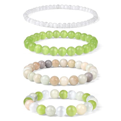 Vinswet 4pcs Beaded Bracelets for Women,Natural Healing Crystal Gemstones Bracelet,Anxiety Stress Relief Bracelet Handmade purple Jewelry Gifts for Women - color: Cat Eyes&Cyan cat eyes&Amazonite