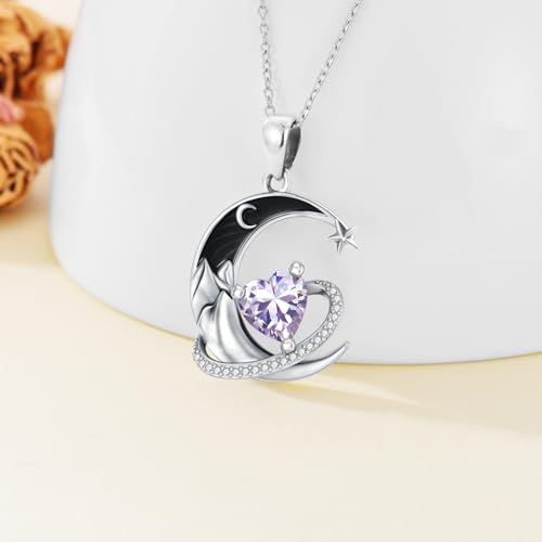 I Love You to the Moon and Back Necklace 925 Sterling Silver Black Crescent Moon Star Pendant with Heart Birthstone Necklace Anniversary Gothic Jewelry Gifts for Women Wife Lovers - color: 06-Light Violet