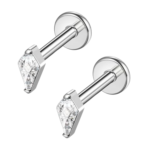 BelezaDosas G23 Hypoallergenic 18g Flat Back Studs Earrings F136 Implant Grade Titanium Tiny Press Fit Threadless Push in Cartilage Helix Labret Lip Conch Tragus Piercing Jewelry - style: BD-Rhombus-clear