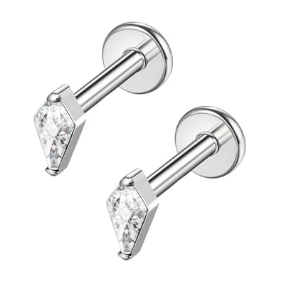 BelezaDosas G23 Hypoallergenic 18g Flat Back Studs Earrings F136 Implant Grade Titanium Tiny Press Fit Threadless Push in Cartilage Helix Labret Lip Conch Tragus Piercing Jewelry - style: BD-Rhombus-clear