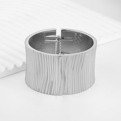 HZMAN Chunky Gold Cuff Bracelets for Women Thick Wide Bangle Bracelet Hammered Open Hinge Wrist Cuff Bracelet Jewelry Gift - color: 07.Striped 8In Silver