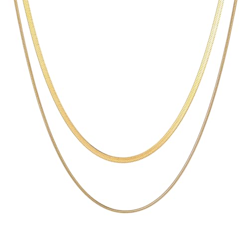 18K Gold Plated Layered Herringbone Necklaces for Women Dainty Layering Beaded Snake Chain Choker Moon Coin Pendant Necklace Trendy Stainless Steel Jewelry - color: Double Herringbone-Gold
