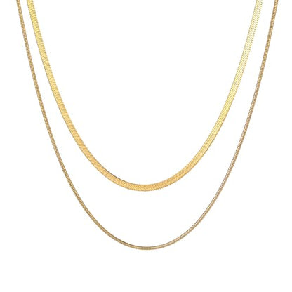 18K Gold Plated Layered Herringbone Necklaces for Women Dainty Layering Beaded Snake Chain Choker Moon Coin Pendant Necklace Trendy Stainless Steel Jewelry - color: Double Herringbone-Gold
