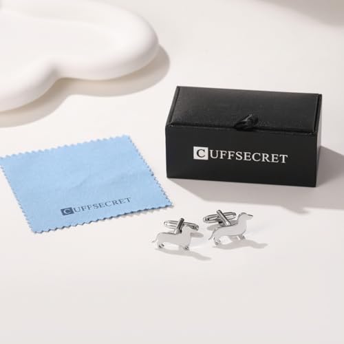Men’s Dachshund Cufflinks – Stainless Steel Dog-Themed Cuff Links with Gift Box & Polishing Cloth – Available in Silver & Gold - color: steel