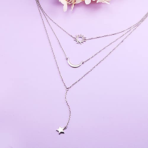 925 Sterling Silver Multilayer Layered Triple Long Chain Necklace for Women - style: Sun Moon Star