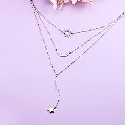 925 Sterling Silver Multilayer Layered Triple Long Chain Necklace for Women - style: Sun Moon Star