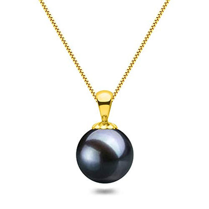 AAAA Black Japanese Akoya Cultured Pearl Pendant, Solitaire Style for Women, 14k White or Yellow Gold Plated Sterling Silver, 16-18" Box Chain, Gift Box & Certificate