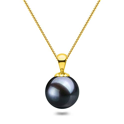 AAAA Black Japanese Akoya Cultured Pearl Pendant, Solitaire Style for Women, 14k White or Yellow Gold Plated Sterling Silver, 16-18" Box Chain, Gift Box & Certificate