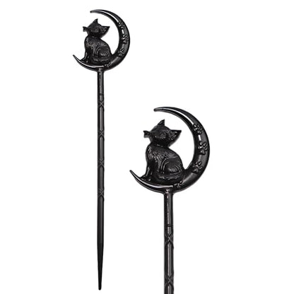 2PCS Retro Halloween Hair Sticks For Women Black Gothic Witch Moon Cat Hairpin Hair Styling Pins (CAL1) - color: CAL1