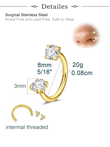 Longita 20g Nose Rings Hoop L Shape Nose Studs Stainless Steel Nose Screw Bone Flat Top Diamond Opal Heart High Nostril Piercing Jewelry Silver Rose Gold Black Pack for Women Men - color: B2- Horseshoe Ring 2pcs 20g - gold