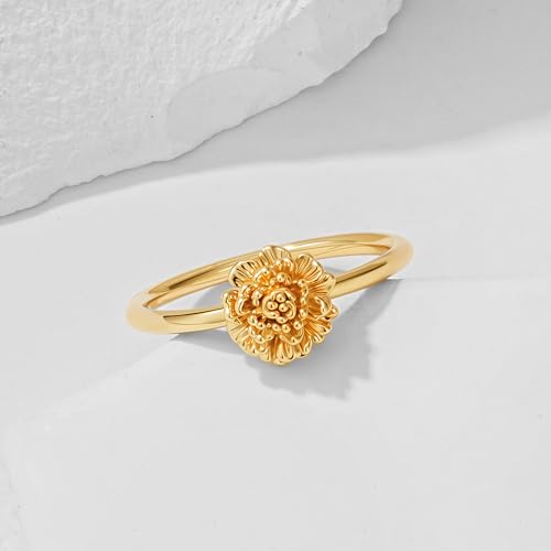 Birth Flower Stacking Ring for Women | 14K Gold Plated Brass, 12 Engraved Floral Motifs, Slim Stack-Ready Band, Available in US Sizes 5-9 - style: Oct.-Marigold