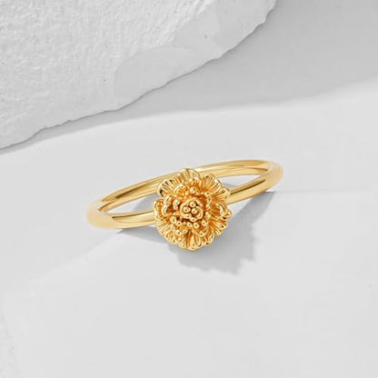 Birth Flower Stacking Ring for Women | 14K Gold Plated Brass, 12 Engraved Floral Motifs, Slim Stack-Ready Band, Available in US Sizes 5-9 - style: Oct.-Marigold