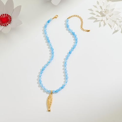 Fish Necklace for Women Gold Plated Fish Pendant Adjustable Necklace Bohemian Beach Jewelry - style: boho blue bead