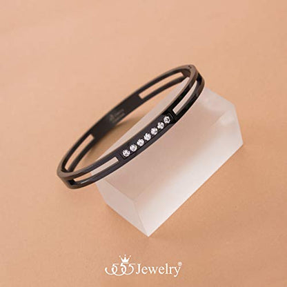 555Jewelry Womens Stainless Steel Fashion CZ Studded Cuff Bangle Bracelet - color: Black - Grooved