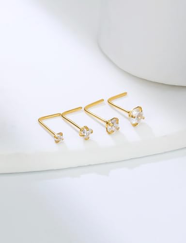 18G 20G 22G Round Cubic Zirconia Nose Rings Studs for Women Men 316L Stainless Surgical Steel Nose Ring Stud Piercing Jewelry Silver Gold Clear CZ 1.5mm 2mm 2.5mm 3mm - style: 24G (Thin) L Shaped Gold
