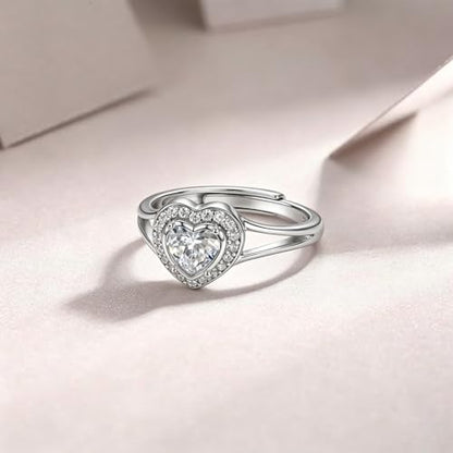 AOBOCO Heart Shaped Open Promise Ring for Women, White Cubic Zirconia Halo Adjustable Ring, Elegant Love Design, 925 Sterling Silver