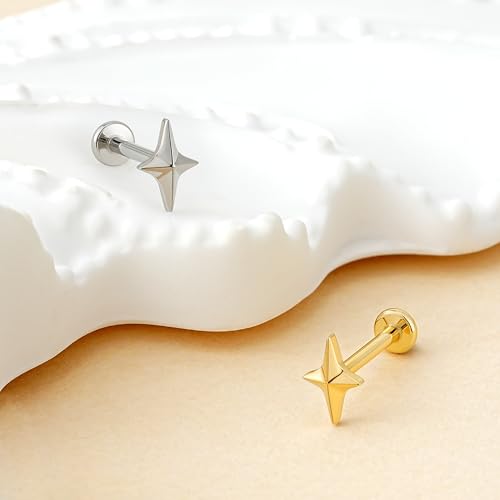 1PC ASTM F136 Titanium Mini Threadless Flat Back Stud 18G 6mm 8mm for Conch Helix Flat Tragus Labret - color: Four-pointed star - Tit