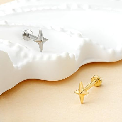 1PC ASTM F136 Titanium Mini Threadless Flat Back Stud 18G 6mm 8mm for Conch Helix Flat Tragus Labret - color: Four-pointed star - Tit