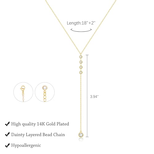 LULII Gold Necklace for Women Trendy Lariat Y Necklace Dainty 14k Gold Plated/Silver Long Necklaces for Women Layered Beaded Drop Necklaces Simple Y-Shaped Chain Jewelry Gifts - color: Y CZ Diamond Chain-Gold