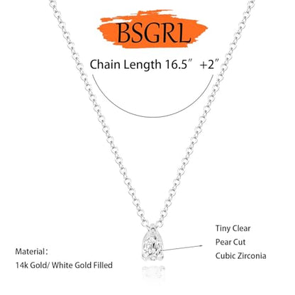 Dainty Necklace - 14K Gold/White Gold Plated Solitaire Tiny Pear Cut Teardrop Cubic Zirconia Necklace,Cubic Zirconia Accented Cross/Snowflake/Polaris North Star/Clover/Leaf/Flower Design Pendant Necklace for Women 16.5”+2” - color: Silver, style: Silver P