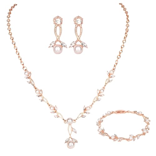 Bridal Jewelry Sets for Women Wedding Jewelry for Women | Cubic Zirconia Wedding Jewelry for Women Pearl Pendant Necklace Earrings Set - color: Rose gold