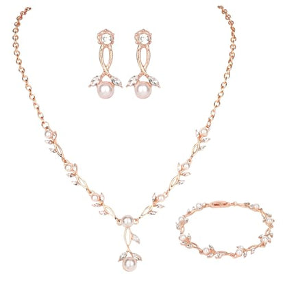 Bridal Jewelry Sets for Women Wedding Jewelry for Women | Cubic Zirconia Wedding Jewelry for Women Pearl Pendant Necklace Earrings Set - color: Rose gold