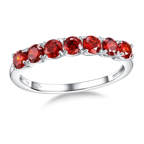 Birthstone Wedding Band Eternity Rings 925 Sterling Silver Rings Stackable Anniversary Engagement Rings Cubic Zirconia Inlaid Created Garnet/Amethyst/Sapphire Ring 7 Stone Ring, Size 6 to 10 - color: Garnet