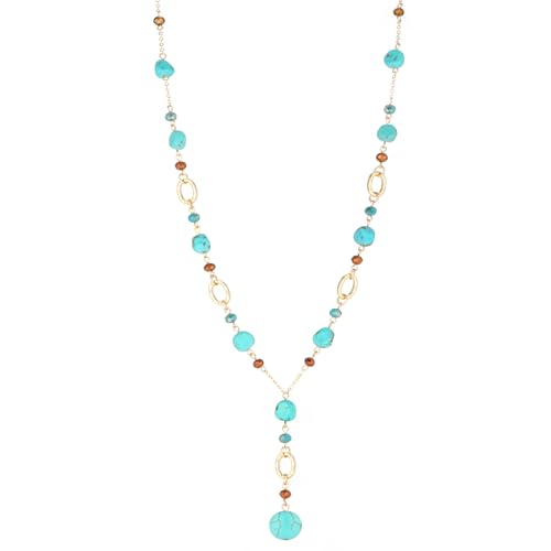 FULU AUTUMN Long Gold Beaded Necklaces for Women Natural Stone Bead Statement Pendant Necklace Y Sweater Chain Fashion Jewelry Gifts - color: Turquoise