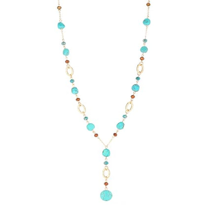 FULU AUTUMN Long Gold Beaded Necklaces for Women Natural Stone Bead Statement Pendant Necklace Y Sweater Chain Fashion Jewelry Gifts - color: Turquoise