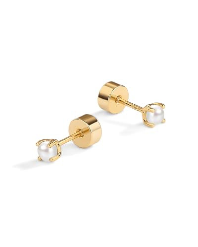 PAVOI 14K Gold Plated 925 Sterling Silver Posts Mini Stud Flat Back Earrings for Women | Helix Cartilage Piercing Jewelry | Dainty Pearl Star Cluster Cubic Zirconia Lotus Climber Screw Backs - style: Pearl Stud