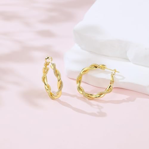 14K Gold Braided Texture Hoop Earring, 32/40mm Twist Rope Design Round Hoop Earrings for Women Gold Jewelry Gifts for women - style: Braided Earring-32mm