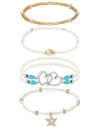 Shell Ankle Bracelet Set for Women Gold Boho Bead Anklets Summer Hawaiian Beach Seashell Pearl Disc Double Heart Starfish Conch Layered Foot Chain Jewelry Adjustable - style: B: Heart