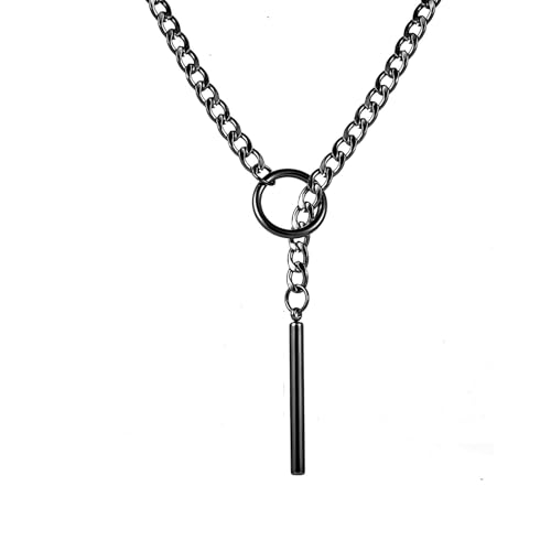 Heart O Ring Slip Chain Necklaces for Women and Men Stainless Steel Long Cuban Chain Bar Necklace Punk Rock Collar Necklaces Handmade Adjustable Lariat Y Necklace - color: Black Bar