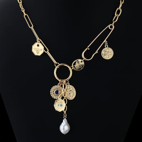 Charm Necklace for Women Gold Evil Eye Sun Moon Flower Coin Pendant Necklace Dainty Paperclip Chain Vintage Luck Amulet Choker Necklaces Celestial Jewelry Gift - style: Evil Eye,Pearl,Blue Bead